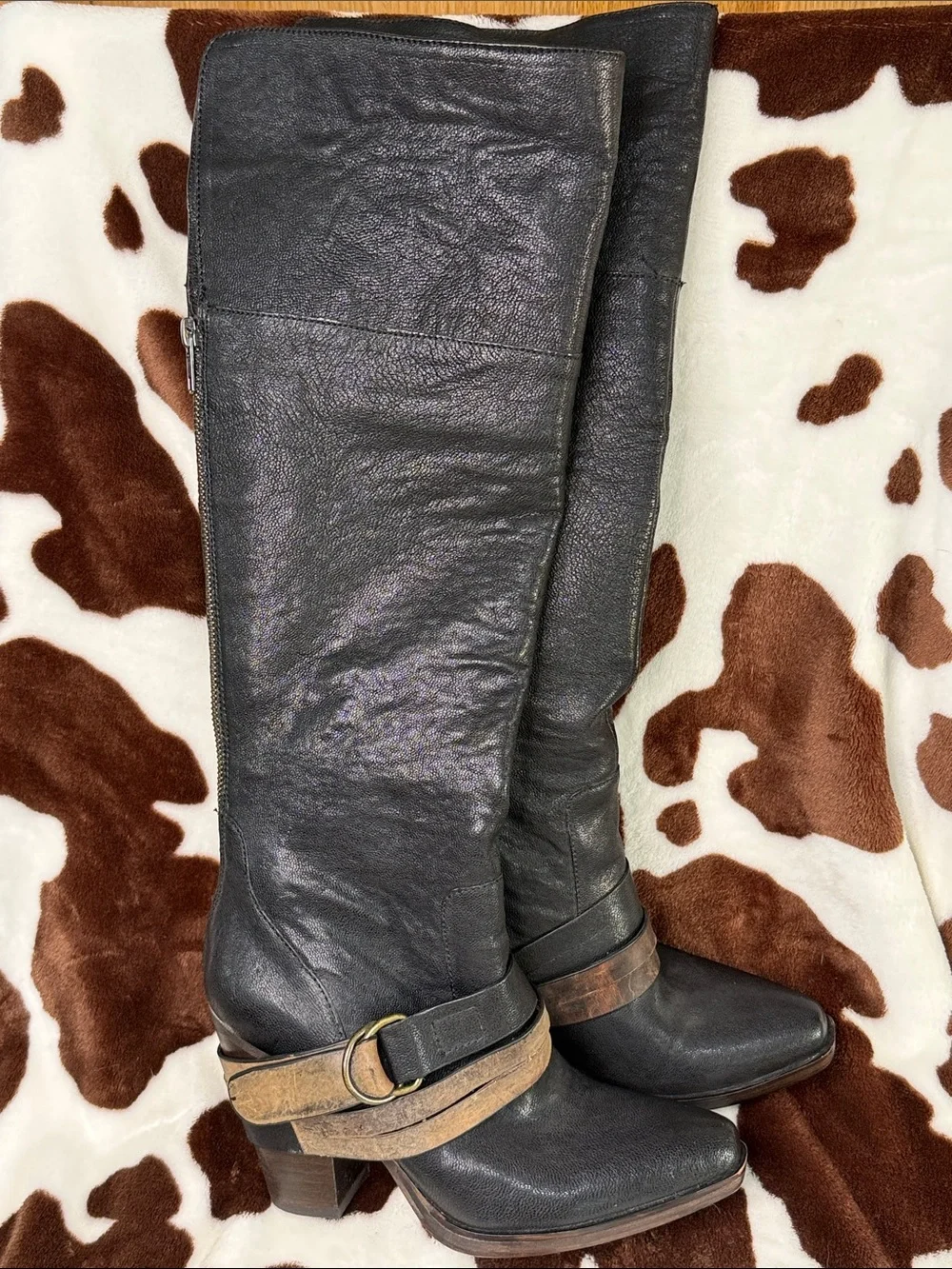 Steve Madden Black Over-the-Knee Leather Boots with Brown Buckle Strap